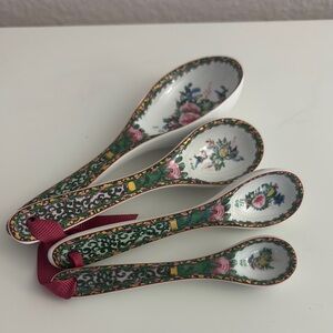 Williams Sonoma Vintage Floral Porcelain Measuring Spoons Set with Green Pattern